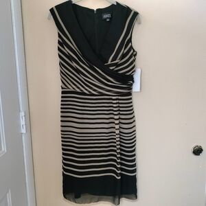 Adrianna Papell Black Taupe Striped Faux Wrap Dress 4 Office Wedding Guest NWT